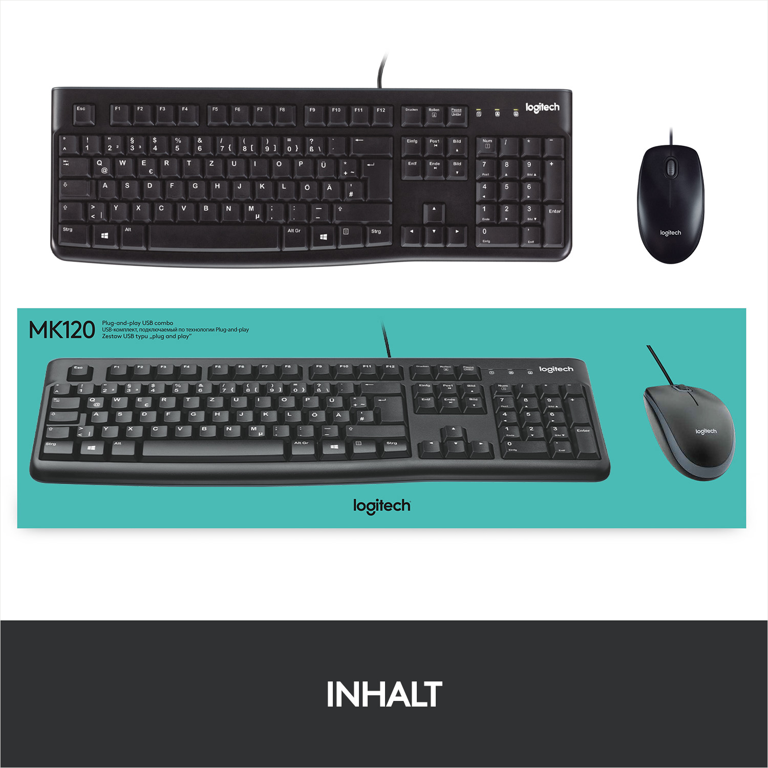 Schwarzes Tastatur- und Maus-Set auf hellblauem Hintergrund mit dem Wort 'INHALT' unten.