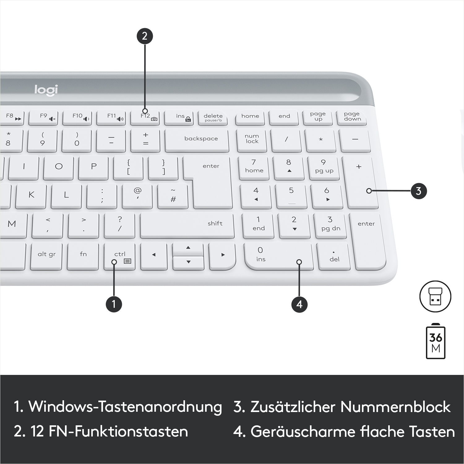 Nahaufnahme einer weißen Tastatur mit Tasten. Zahlen, Buchstaben und Funktionstasten sind sichtbar.