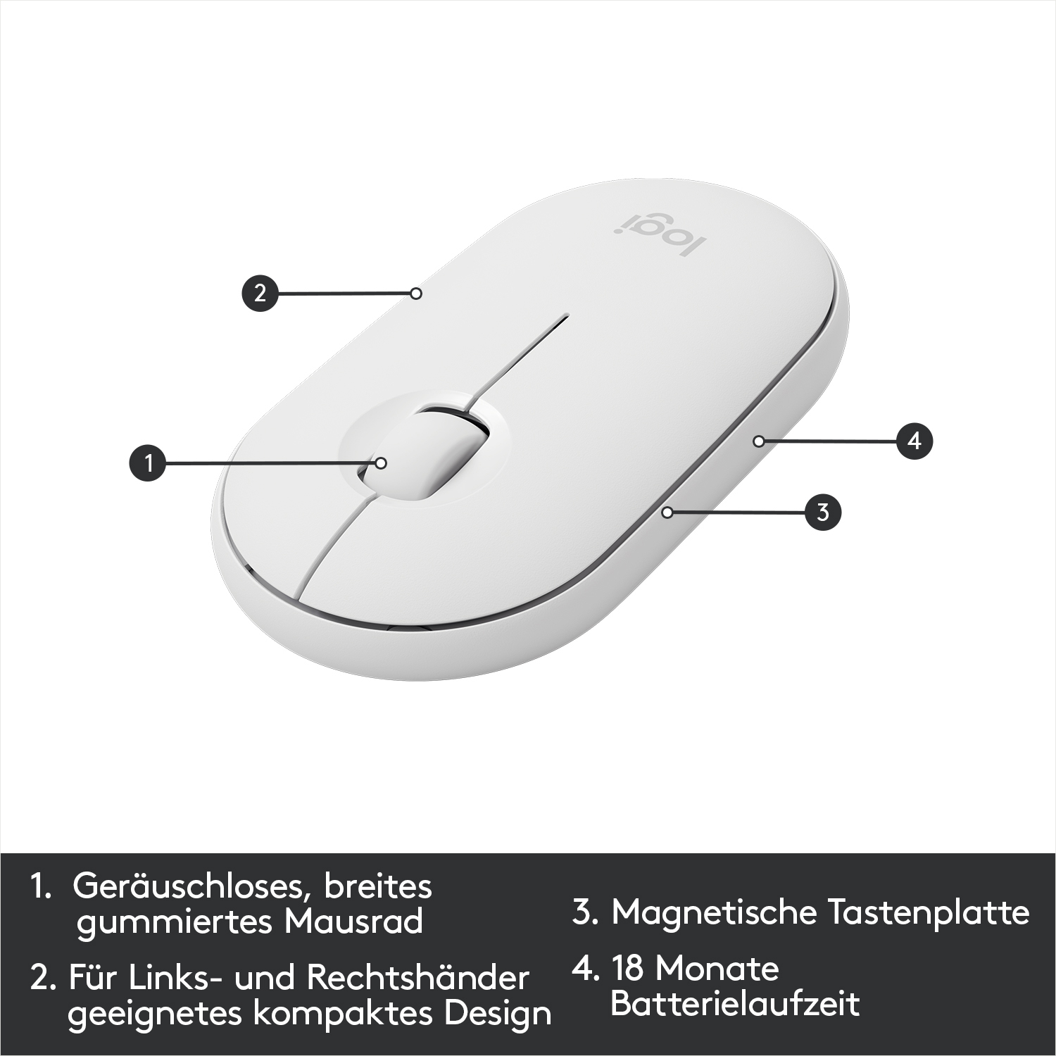 Weiße kabellose Maus. Merkmale: geräuschloses Rad, beidhändiges Design und magnetische Basis.