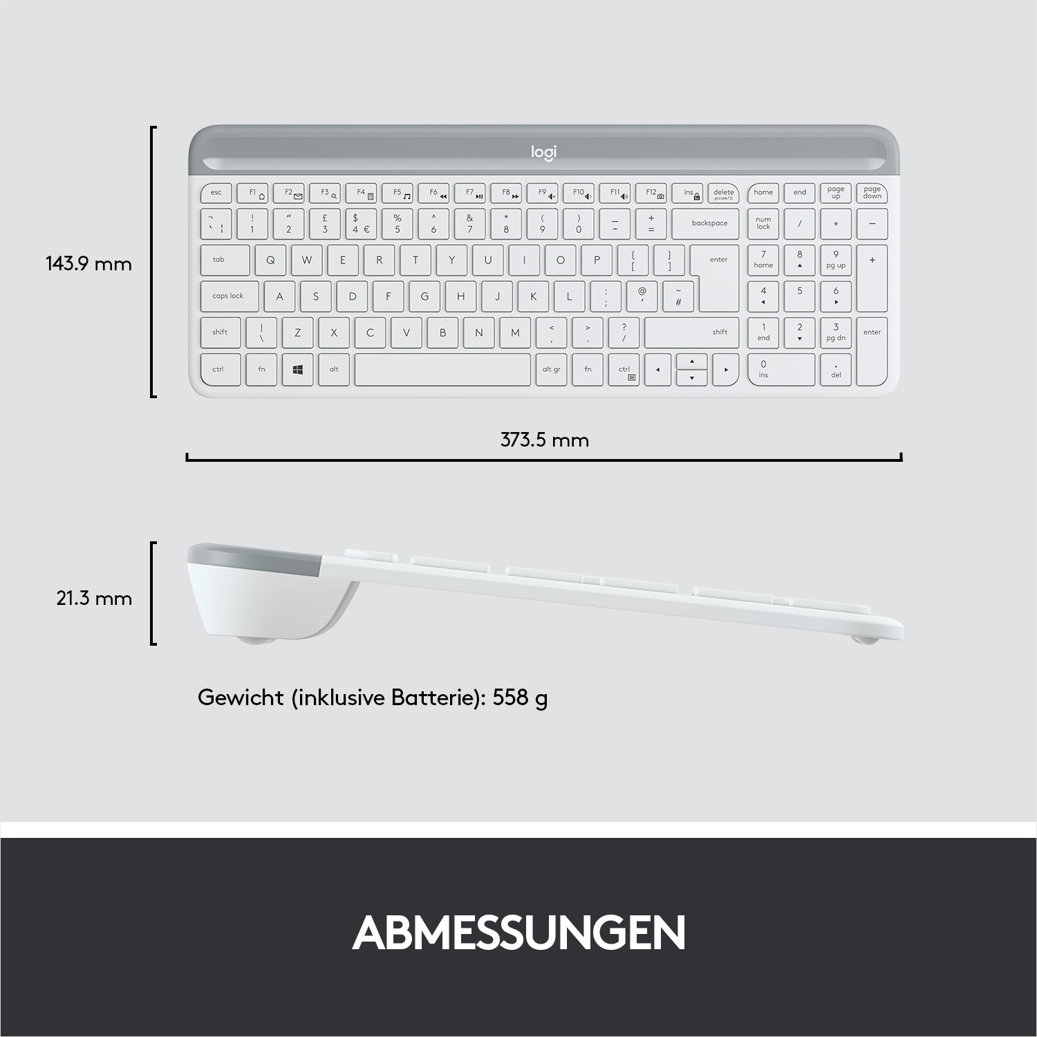 Logi-Tastatur mit Abmessungen: 373,5 mm Breite, 143,9 mm Höhe und 21,3 mm Dicke.
