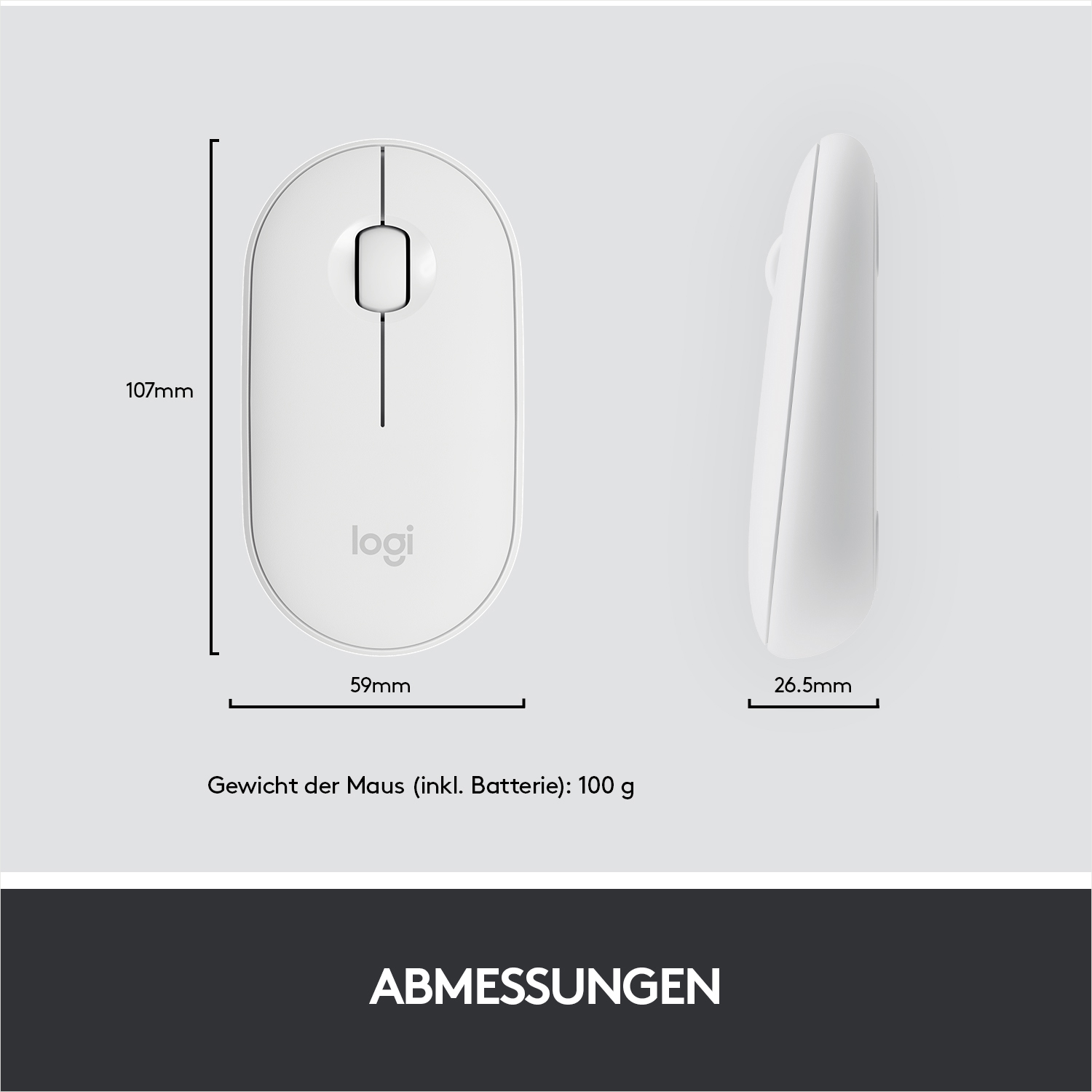 Weiße Logitech-Maus mit Abmessungen. Text auf Deutsch: 'Gewicht der Maus'.
