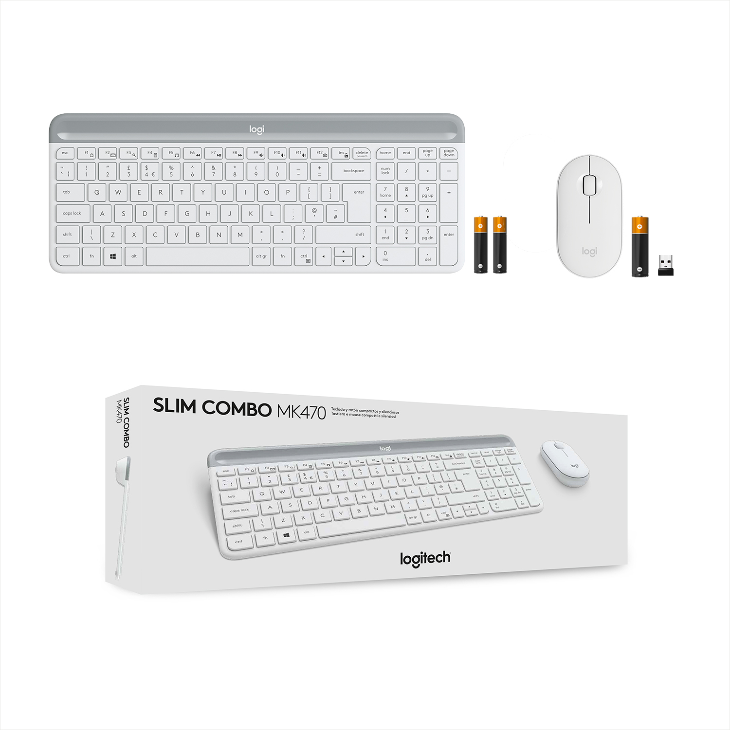 Eine weiße Tastatur- und Maus-Kombination, mit Batterien und einer Box mit dem Produktbild.