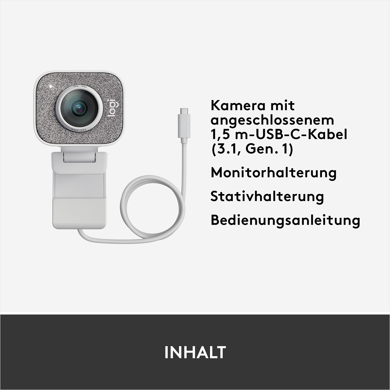 Eine Webcam mit Kabel, mit Text, der ihre Funktionen wie Monitor- und Stativhalterung angibt.