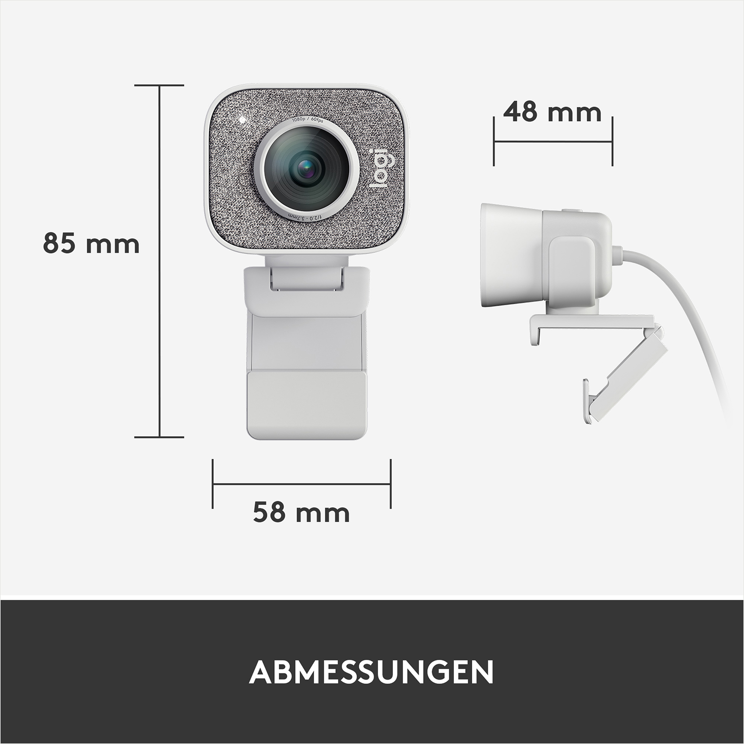 Webcam mit Maßen: 85 mm Höhe, 58 mm Breite, 48 mm für die Kamera.