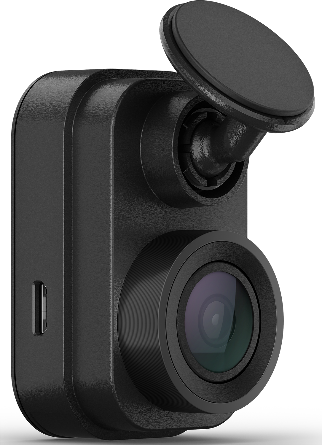 Een zwarte dashcam met een lens en een draaibare houder, tegen een zwarte achtergrond.