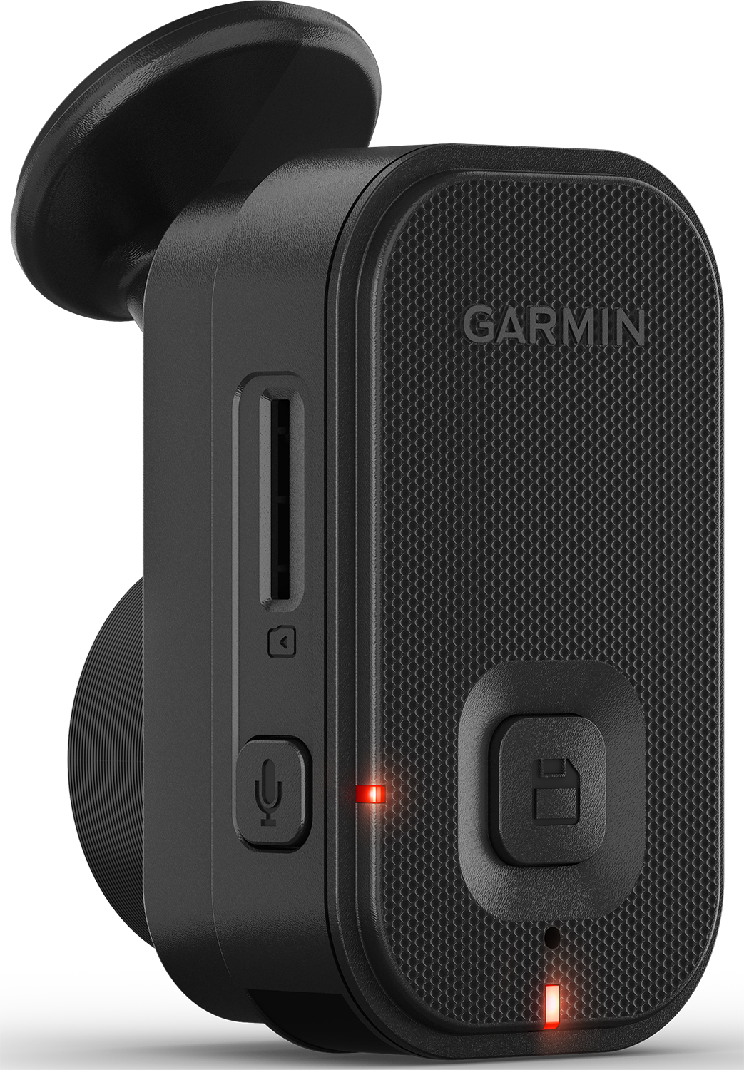 Zwarte Garmin dashcam met knoppen en poortdetails.