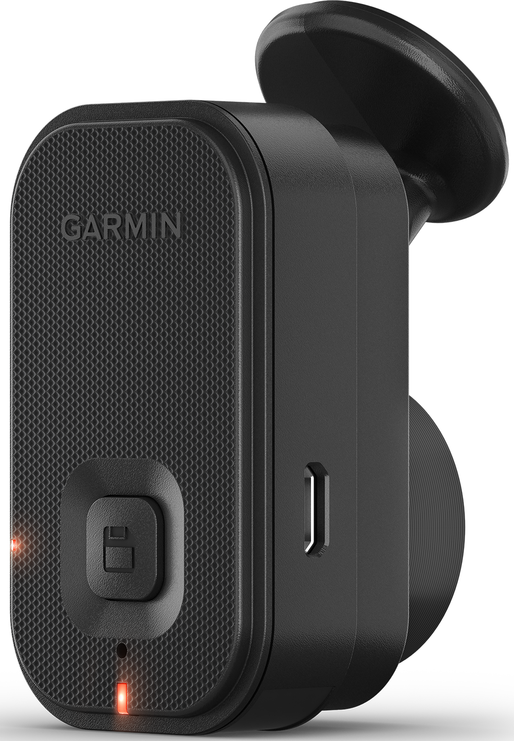 Zwarte Garmin dashcam, zijaanzicht met een knop en een poort.