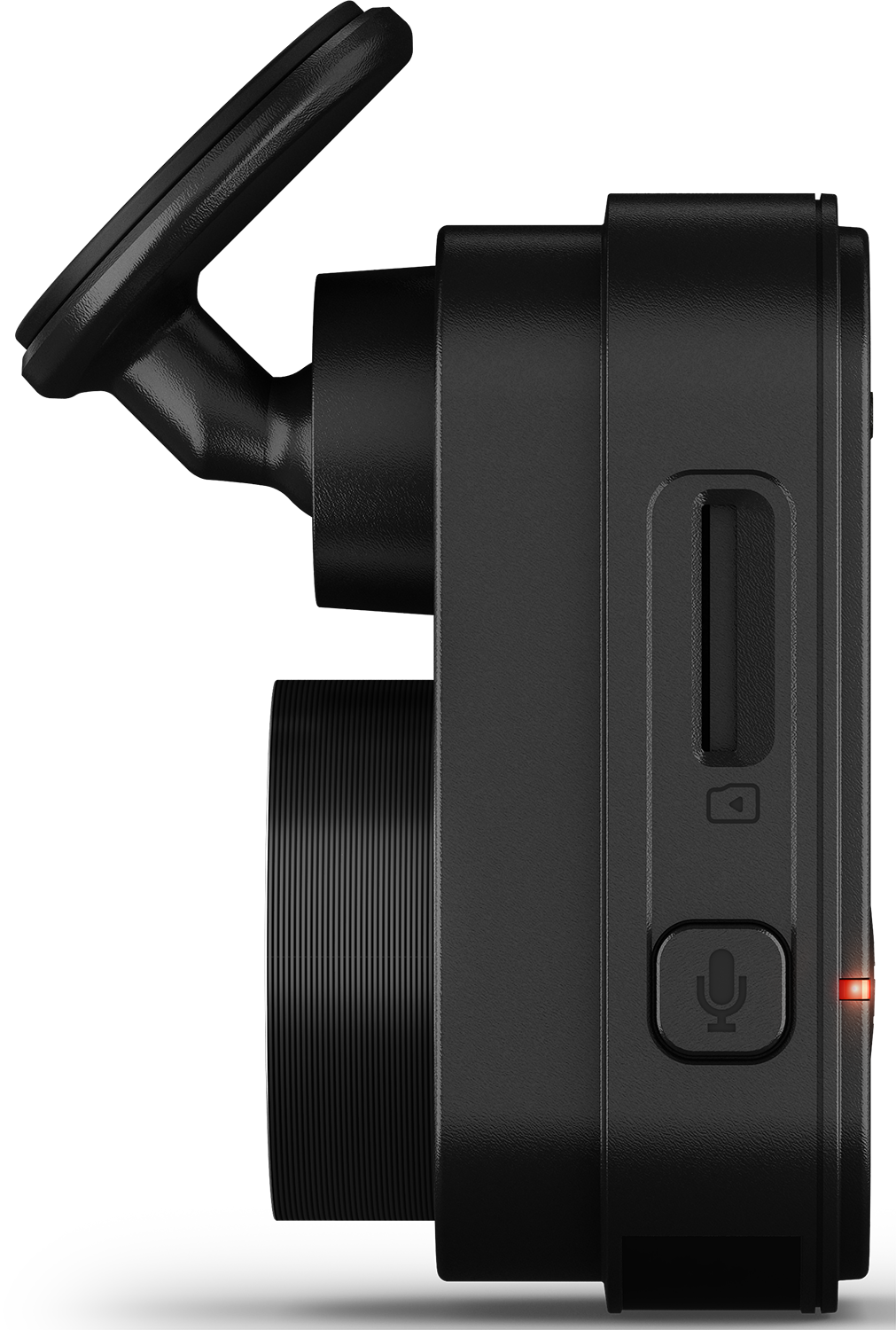 Zijaanzicht van een zwarte dashcam met lens, SD-kaartsleuf en microfoonicoon.