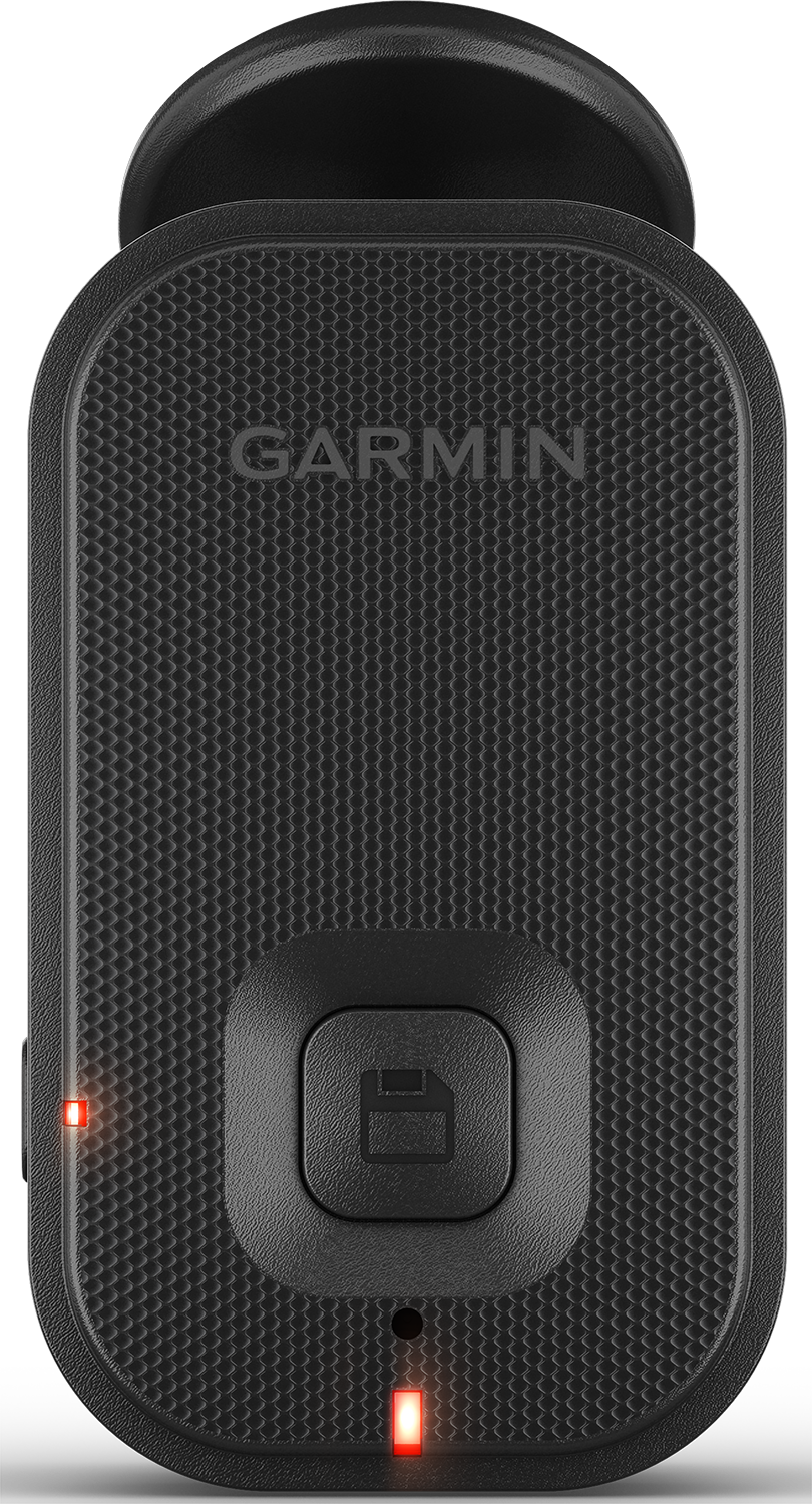 Een zwarte Garmin-camera met een getextureerd oppervlak, een knop en twee rode lampjes.