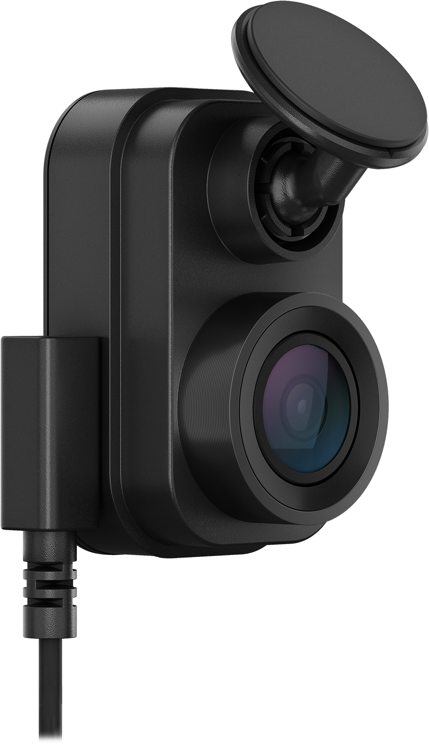 Close-up van een zwarte dashcam met lens en bevestiging, met een gedetailleerd ontwerp.