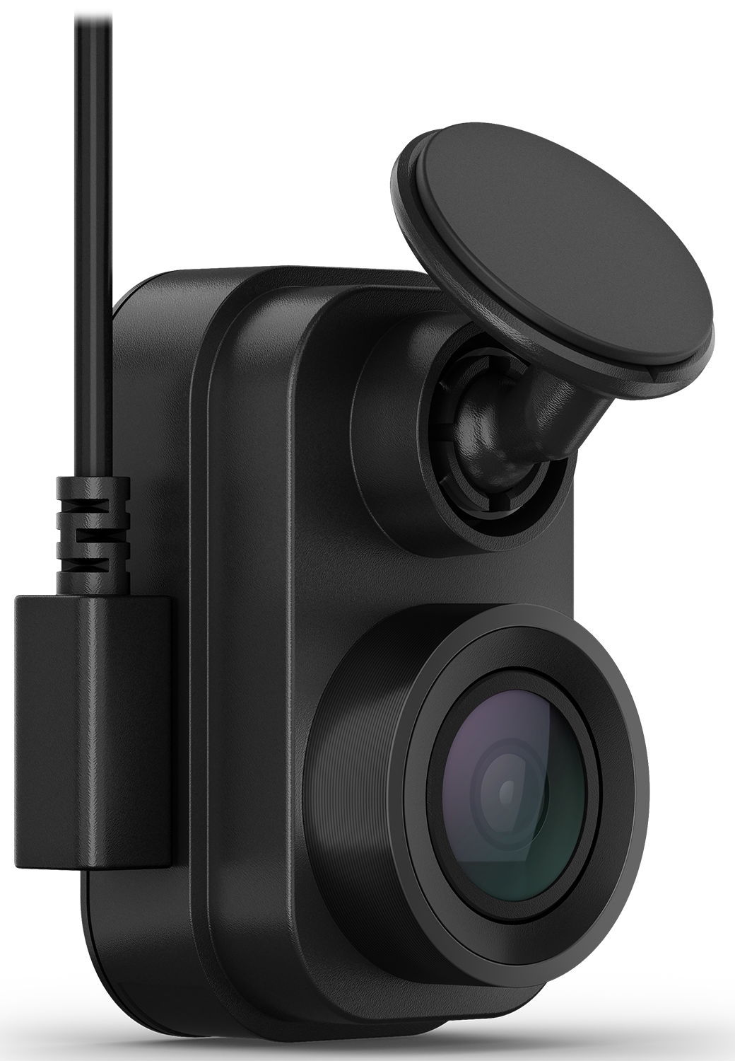 Een zwarte dashcam met een lens en een zuignapbevestiging. Zwarte achtergrond.