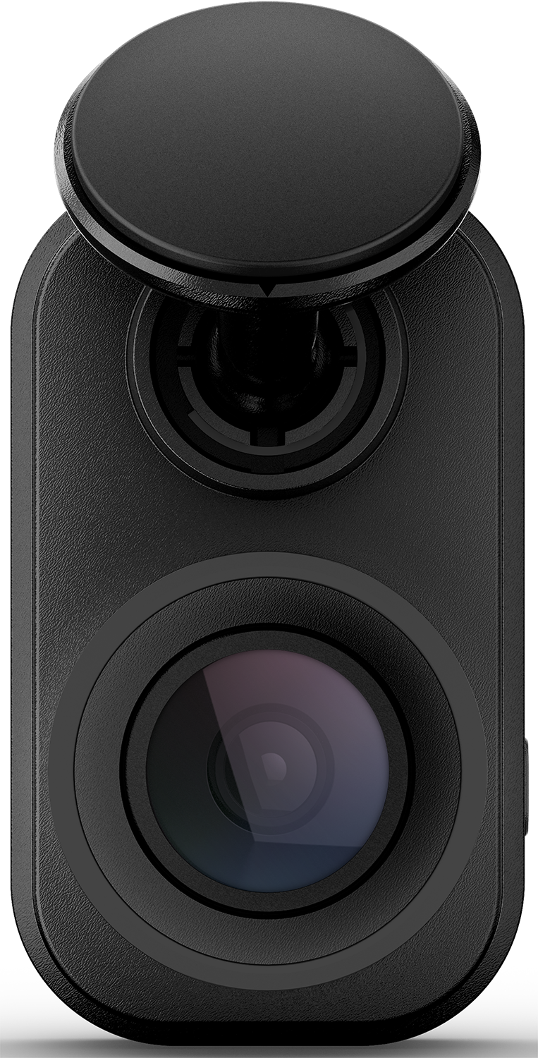 Zwarte dashcam. Zwarte lens zichtbaar, met een open dop. Het apparaat heeft een afgeronde vorm.