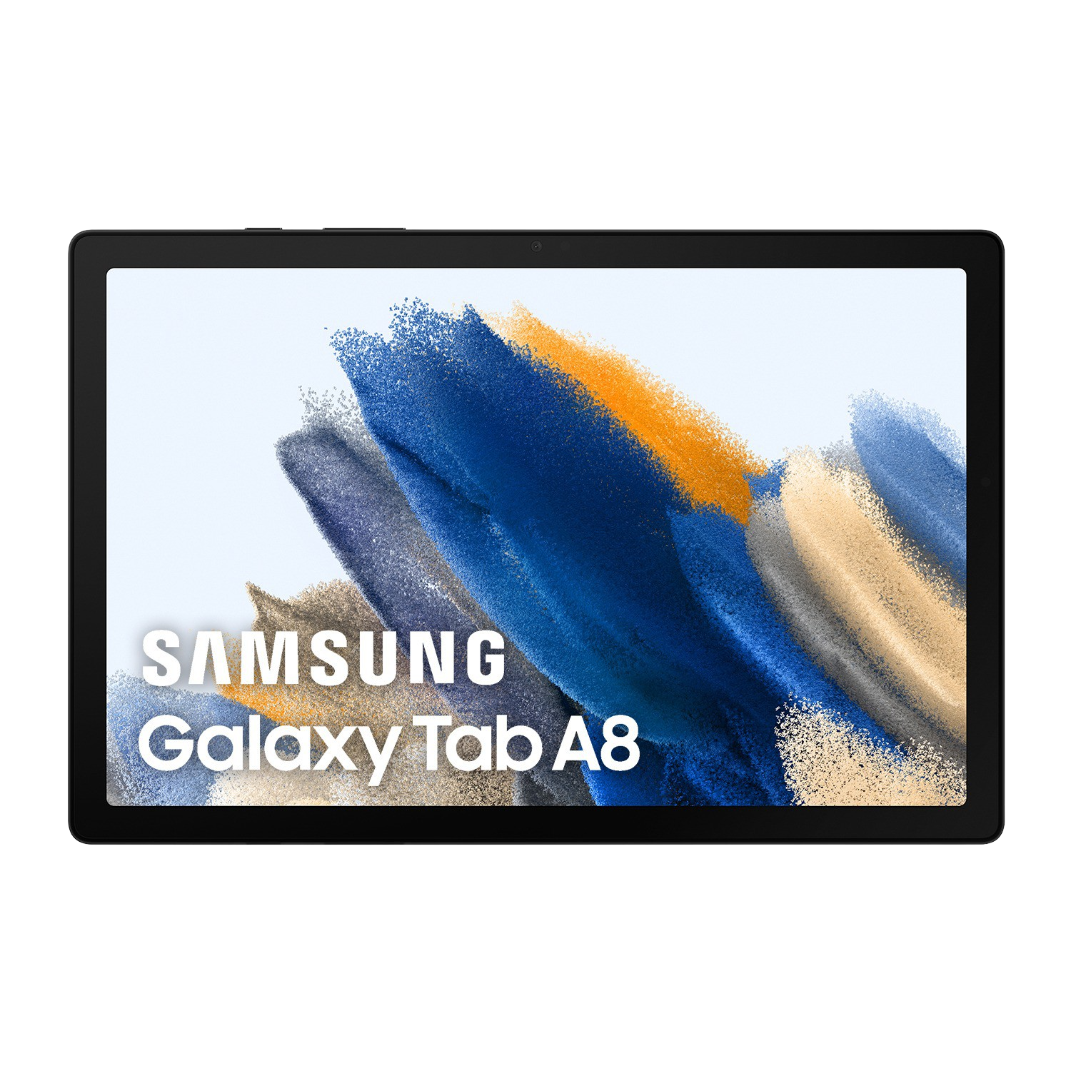 Un Samsung Galaxy Tab A8 negro sobre un fondo negro. La pantalla muestra gráficos.