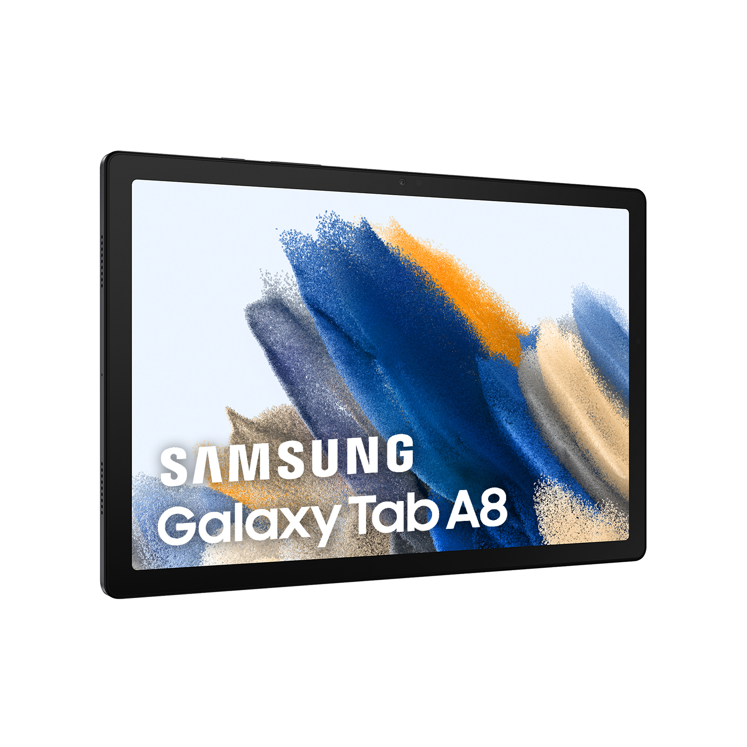 Una tableta Samsung Galaxy Tab A8 negra. La pantalla muestra el logotipo de Samsung. El fondo es blanco.