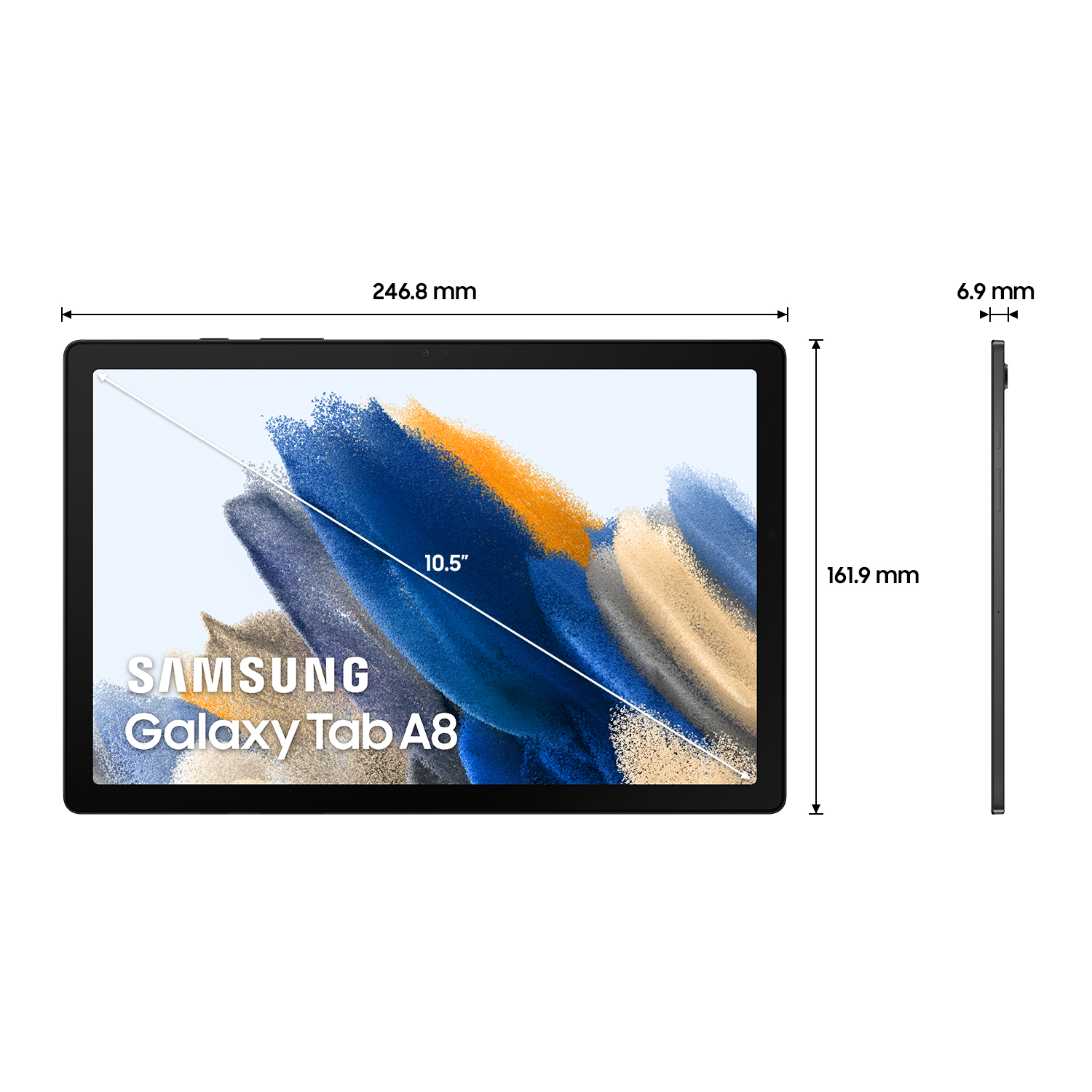 Una tableta que muestra medidas y el título Samsung Galaxy Tab A8.