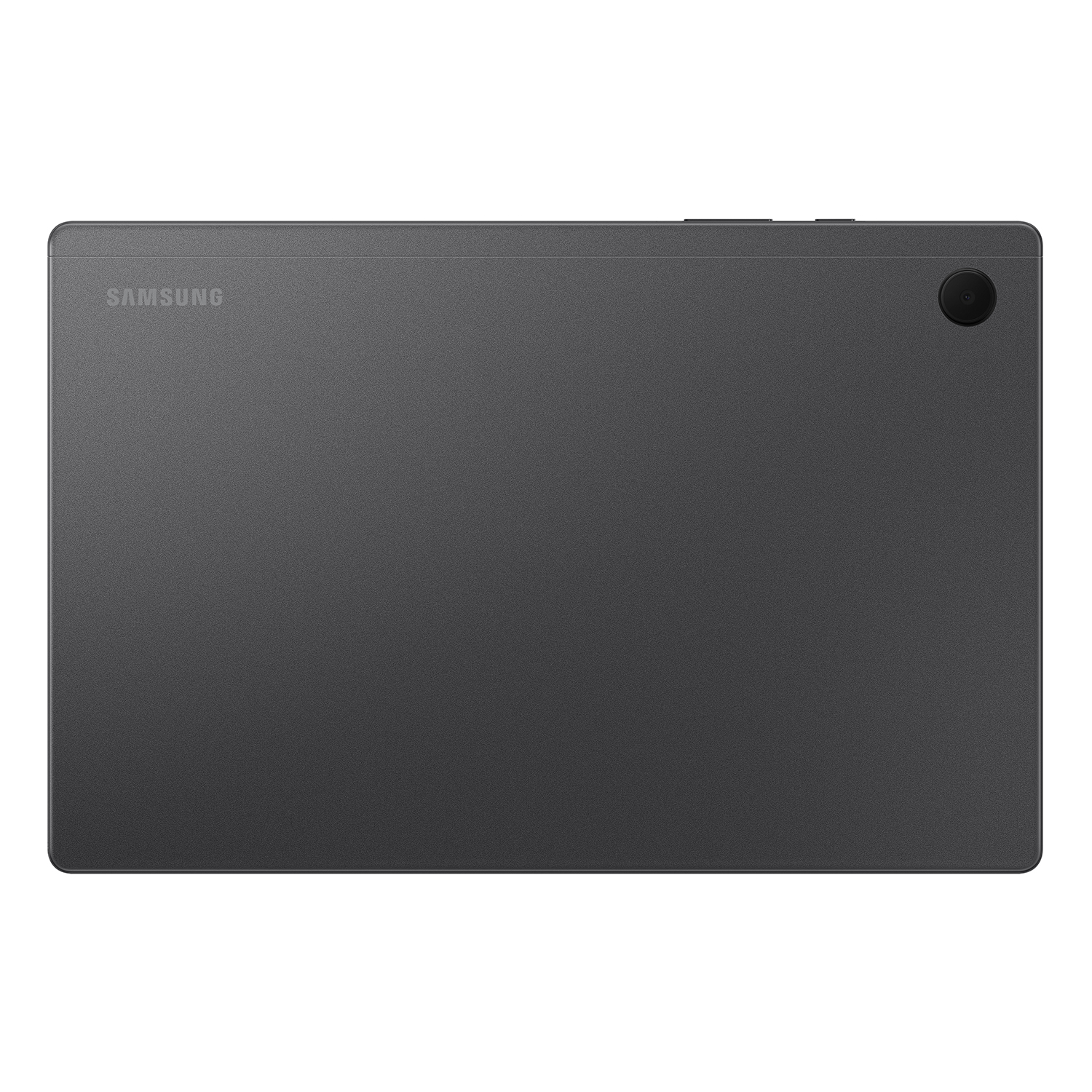 Parte trasera de tableta gris oscuro con lente de cámara y logotipo de Samsung.