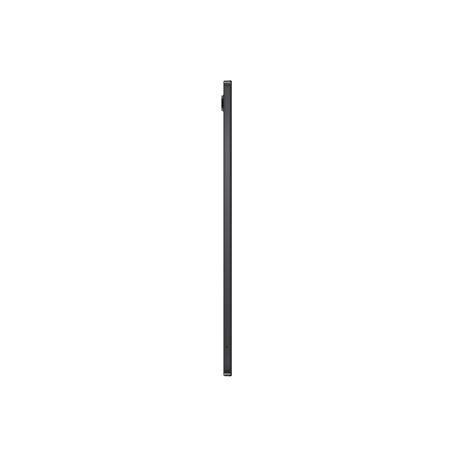 Una tableta negra vista de lado, mostrando un perfil delgado. Aislada sobre blanco.