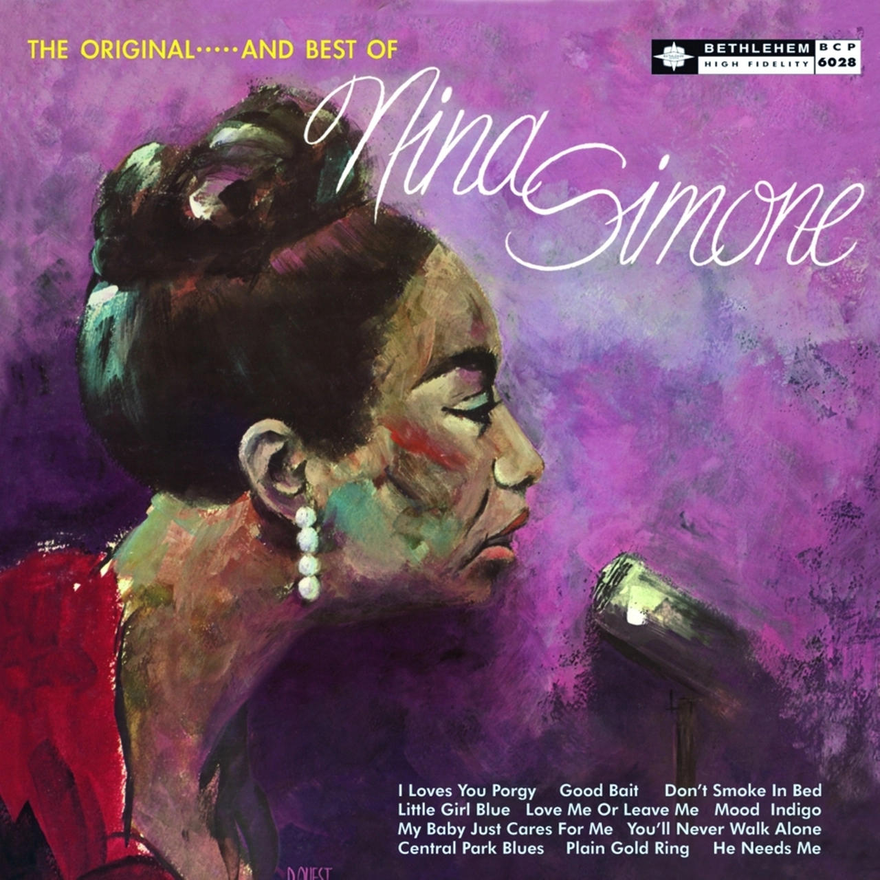 Album borító. Nina Simone portréja, mikrofon, és a dalok címei lila háttéren.
