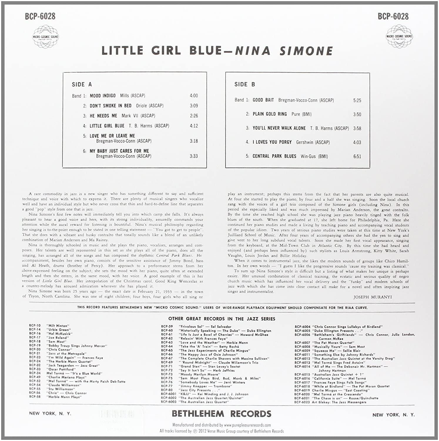 Vintage lemezborító Nina Simone 'Little Girl Blue' című számához, dalszövegekkel és jegyzetekkel.