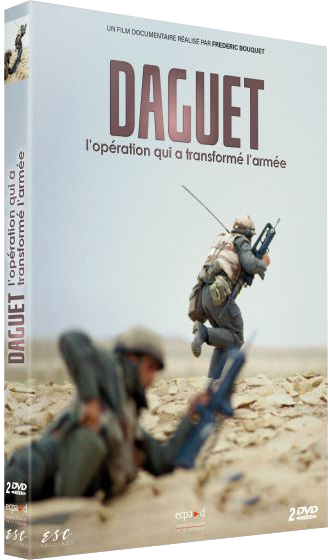 DVD-box voor de documentaire 'Daguet'. Militairen in een woestijnomgeving staan op de cover.