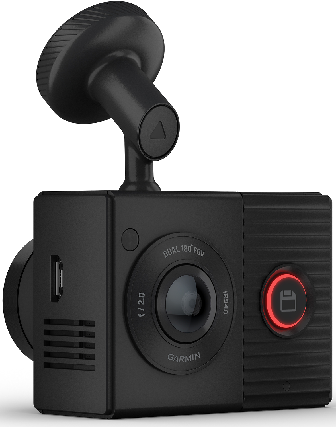 Black Garmin dashcam with a lens, red recording button, and mount.