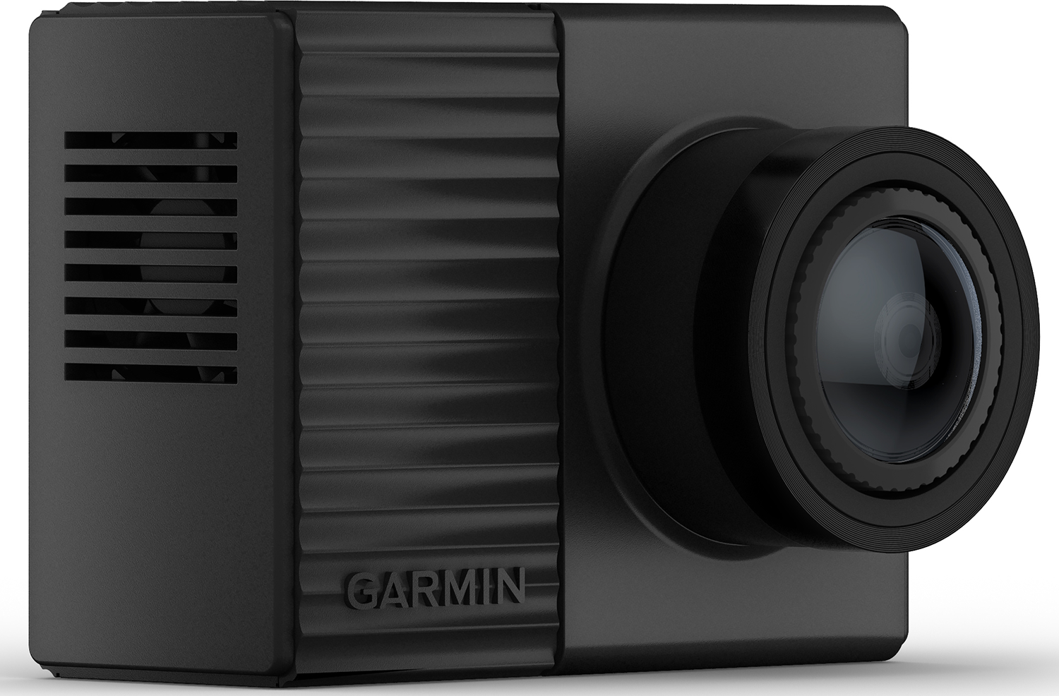 A black Garmin dashcam, close-up, with a lens and a side panel with text.