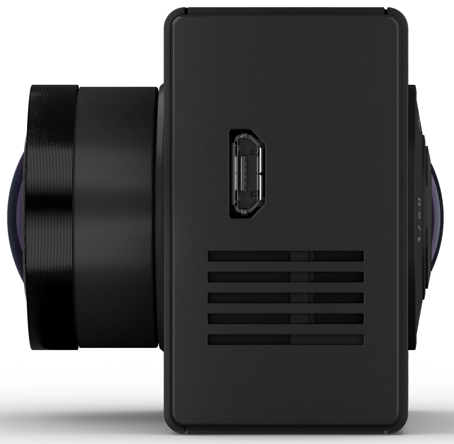 A black dashcam with a lens, a port, and ventilation slots, set against a white background.
