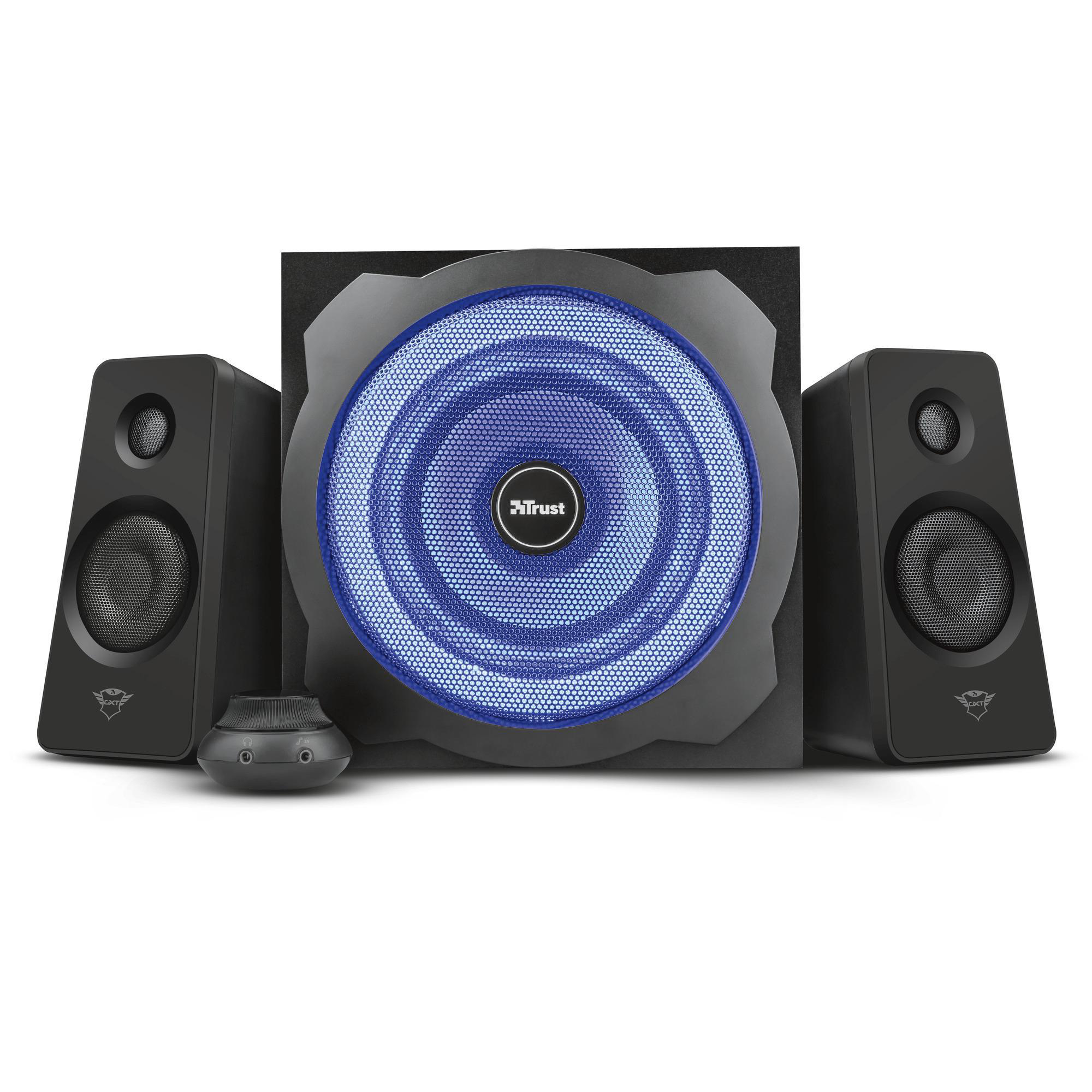 Schwarze Computerlautsprecher mit blau beleuchtetem Subwoofer und kleinem Drehregler.