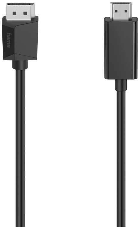 Zwarte HDMI-kabel, twee uiteinden getoond, één met 'hama'-logo.