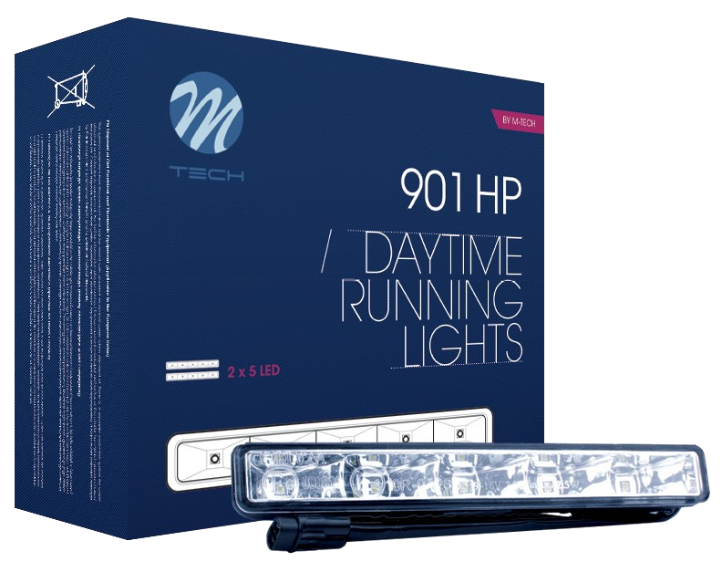 Sötétkék doboz autó lámpa termékkel és "901 HP / Daytime Running Lights" felirattal.