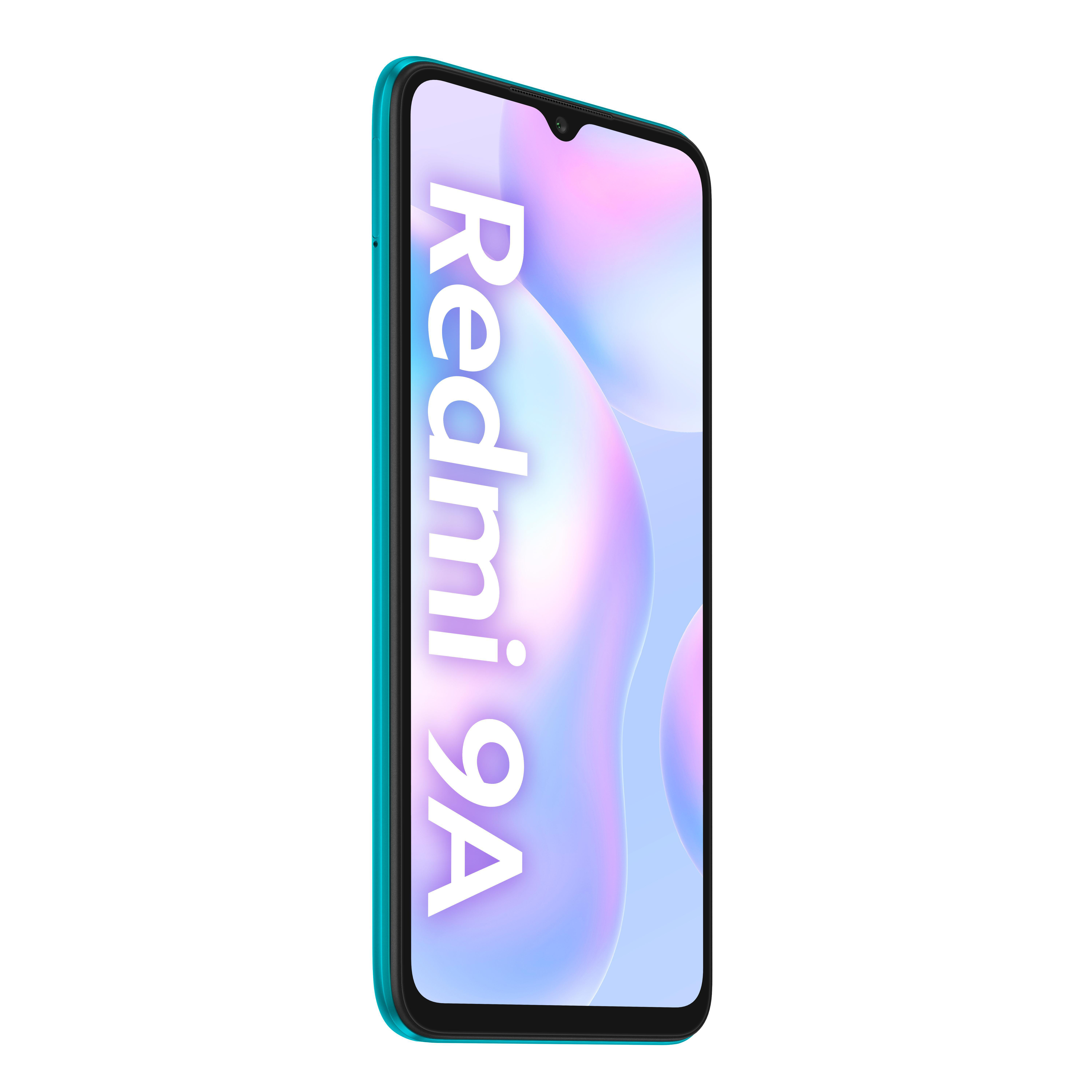 Ein türkisfarbenes Redmi 9A Smartphone.