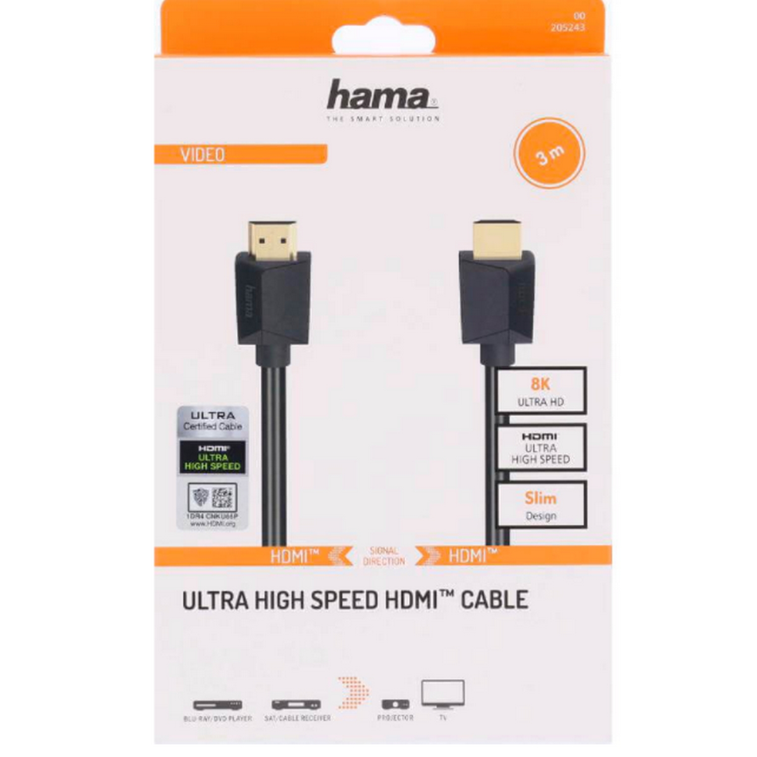 Paquete de cable HDMI con imagen del cable y especificaciones, incluyendo Ultra High Speed.