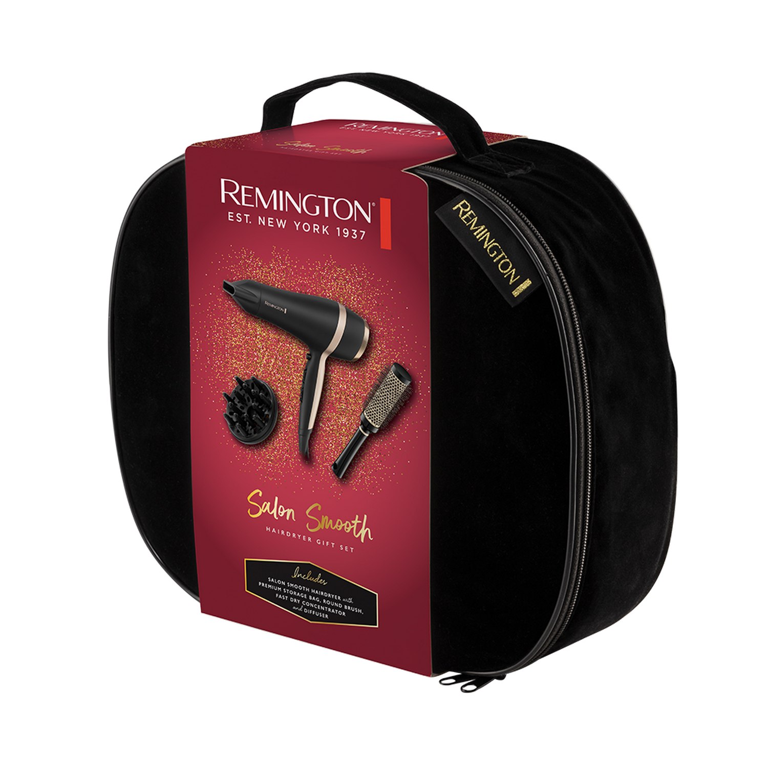 Pack Secador + Accesorios - Remington Salon Smooth, 2100 W, 3 temperaturas, 2 velocidades, Difusor, Negro