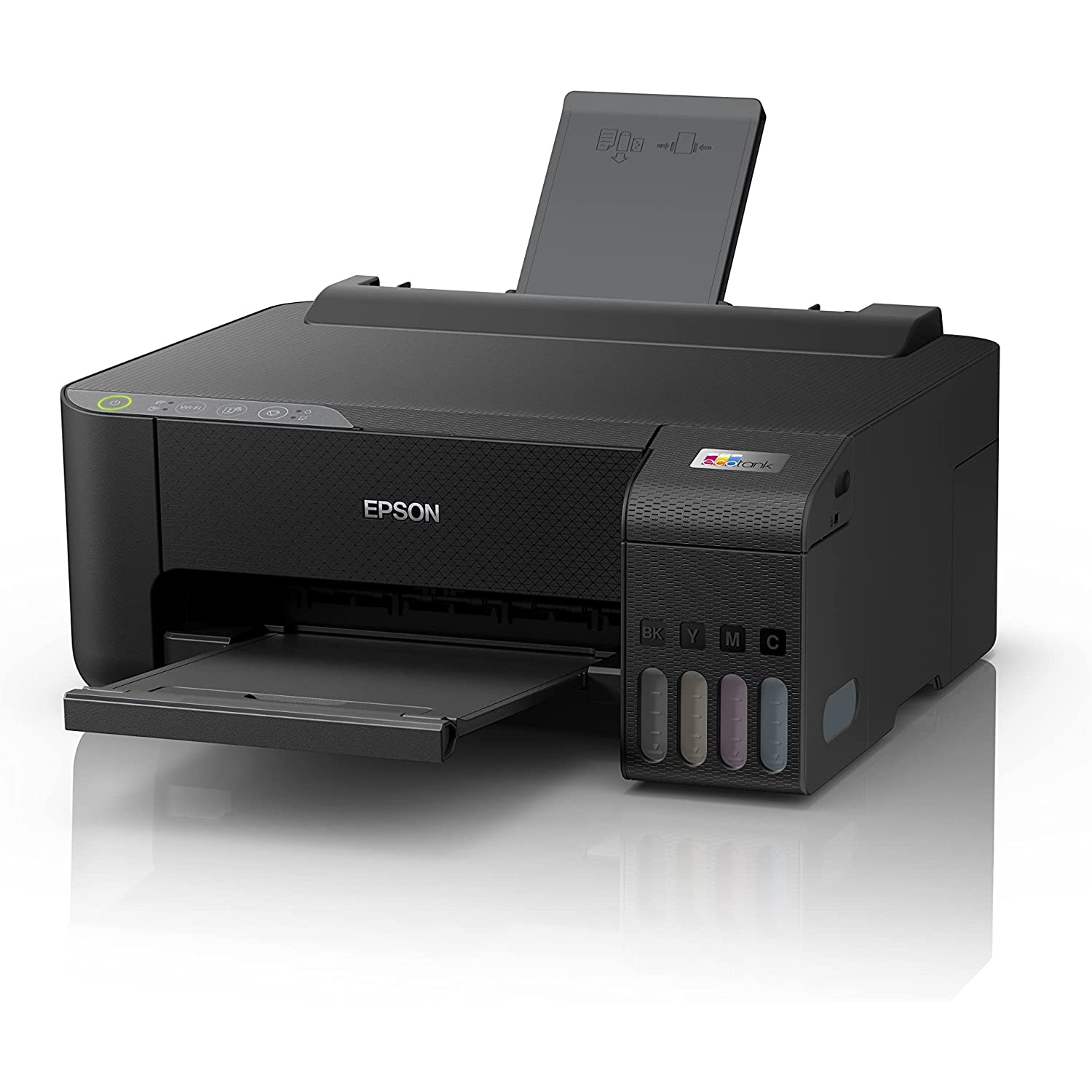 Impresora Epson negra con una bandeja abierta y cartuchos de tinta. El diseño es compacto.