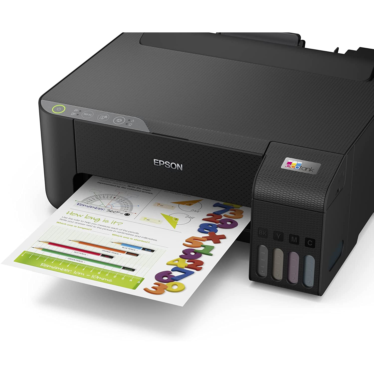 Impresora Epson negra imprimiendo un papel colorido con números y un diagrama.