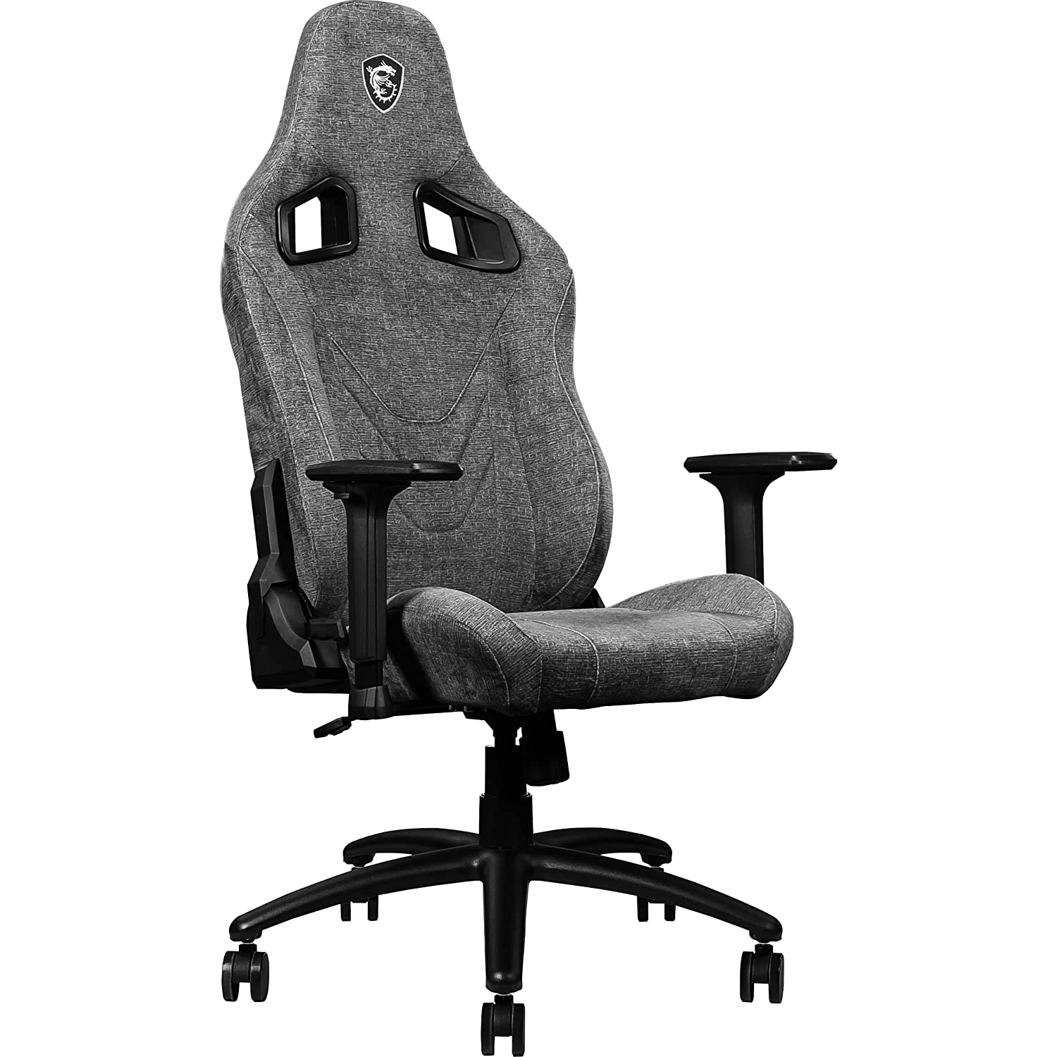 Silla gaming gris. Reposabrazos y base negros con ruedas. Fondo blanco.