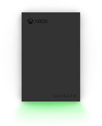 Black Xbox Seagate hard drive with a green light at the bottom on a white background.