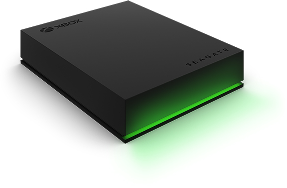 Black Xbox Seagate external hard drive with a green light at the bottom. The Xbox logo is visible. 