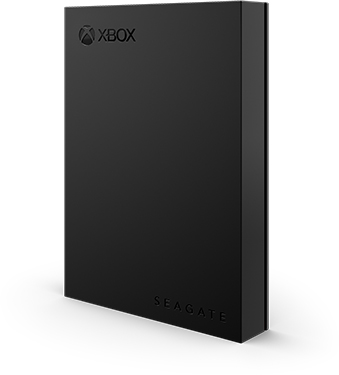 A black Xbox Seagate hard drive. The Xbox logo and Seagate are visible on the front.