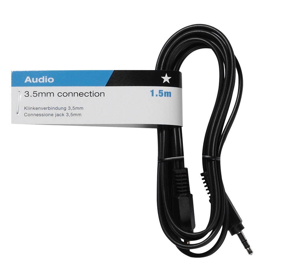 Schwarzes Audiokabel mit 3,5-mm-Anschluss-Etikett auf weißem Hintergrund.
