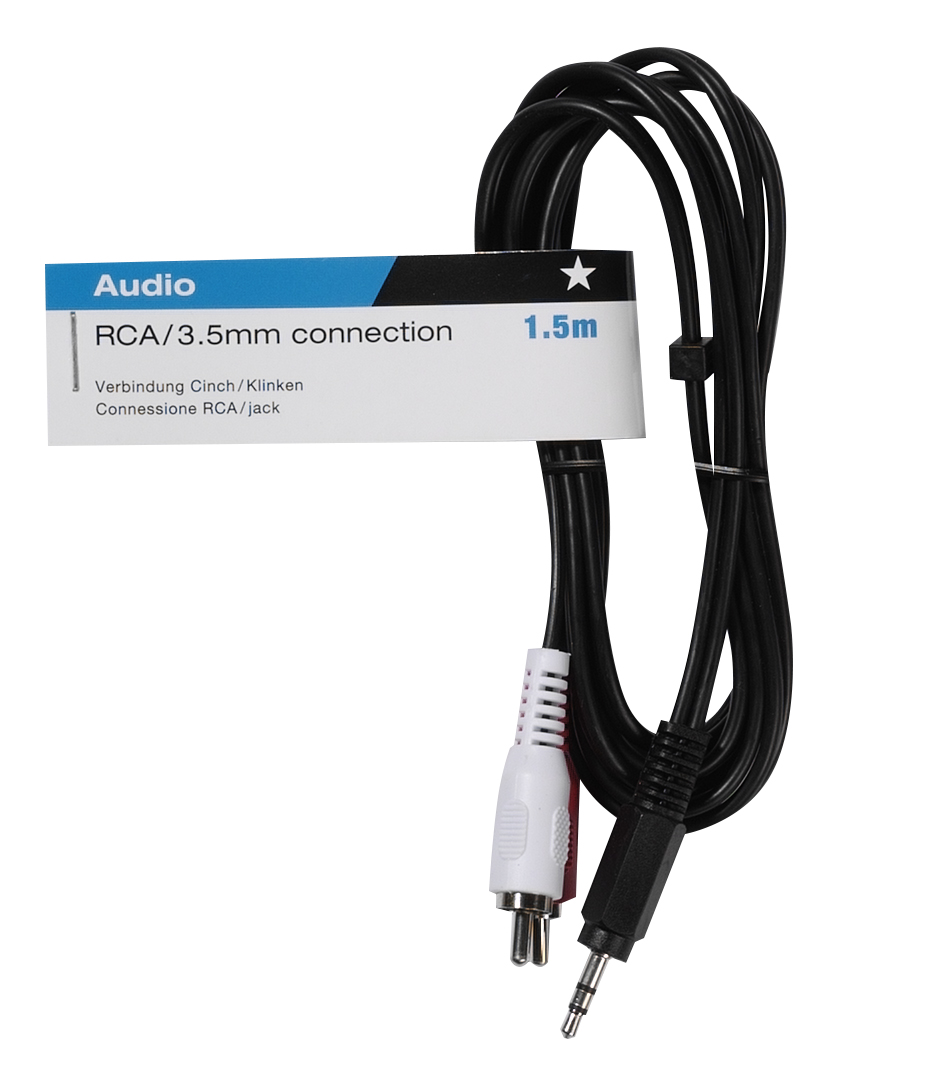 Ein RCA/3,5-mm-Audiokabel mit einem weißen und roten Stecker und einer schwarzen 3,5-mm-Buchse.