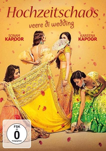 Filmplakat mit vier Frauen in bunten Outfits. Text oben: Hochzeitchaos veere di wedding.