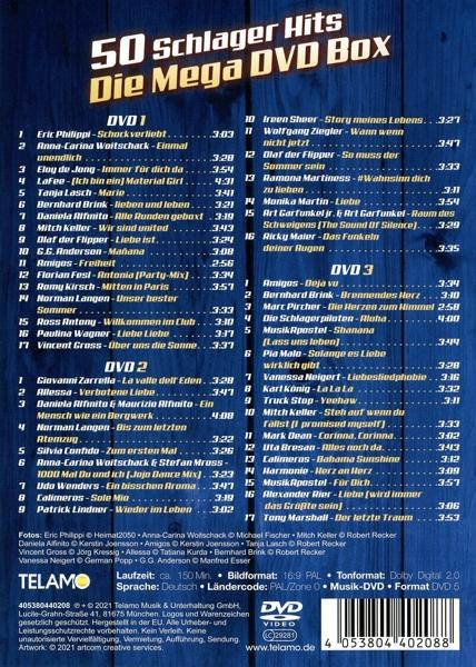 DVD-Box mit Titel: 50 Schlager Hits Die Mega DVD Box, mit einer Liste der Songs auf der Rückseite.