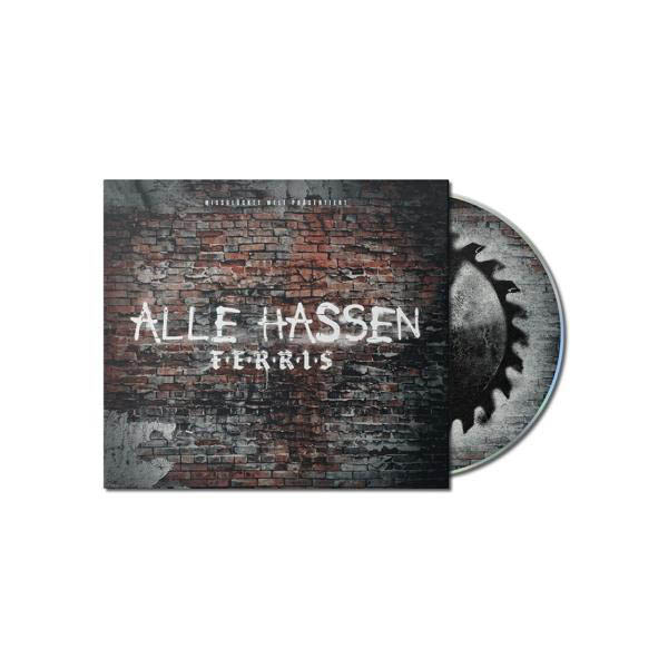 Albumcover für 'Alle Hassen' von Terris. Ein Backsteinmauerhintergrund mit dem Albumtitel in Weiß und einer Sägeblatt.
