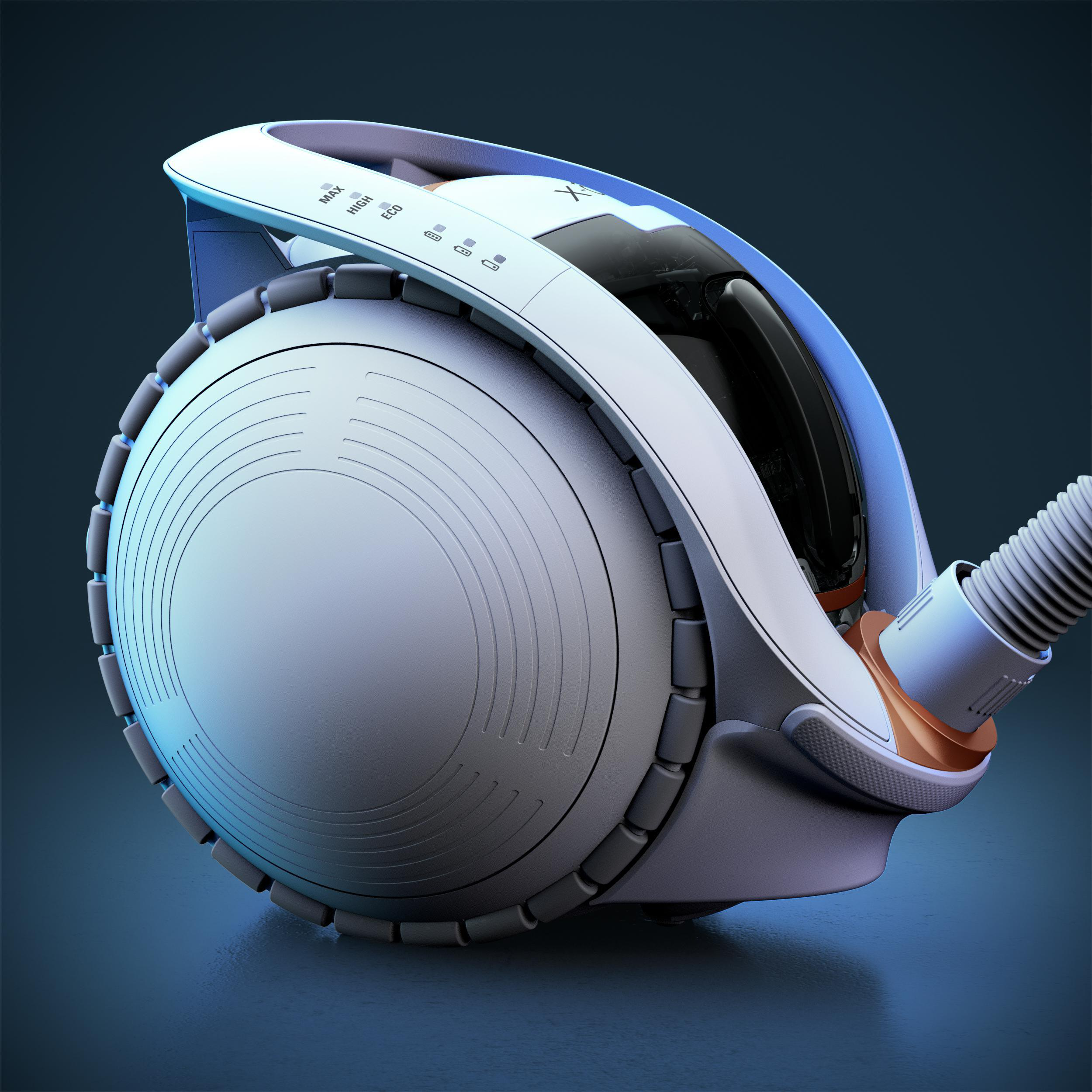 Ein futuristischer Staubsauger mit weißem und blauem Design auf blauer Oberfläche.