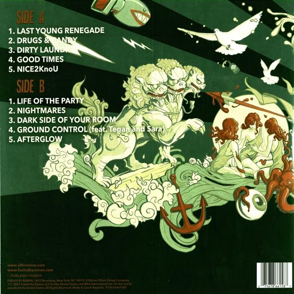 Die Rückseite eines Albums mit Songtiteln und einer Cartoon-Illustration in Grün- und Weißtönen.