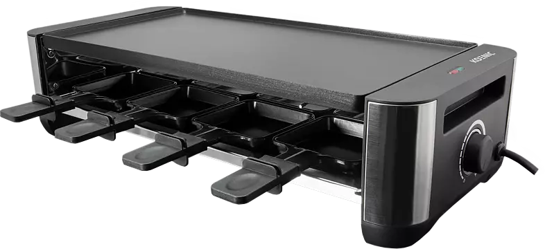 Black raclette grill with multiple trays, a heating surface, and a control knob.