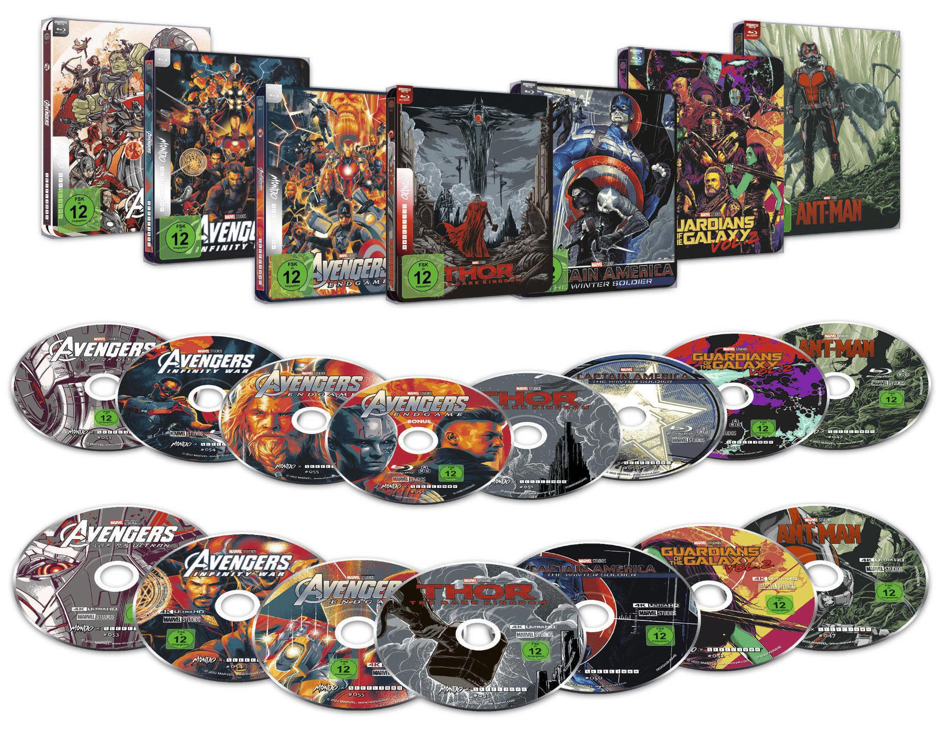 Eine Sammlung von Marvel Blu-ray- und Steelbook-Filmhüllen mit farbenfrohen Kunstwerken, darunter mehrere Avengers-Filme.