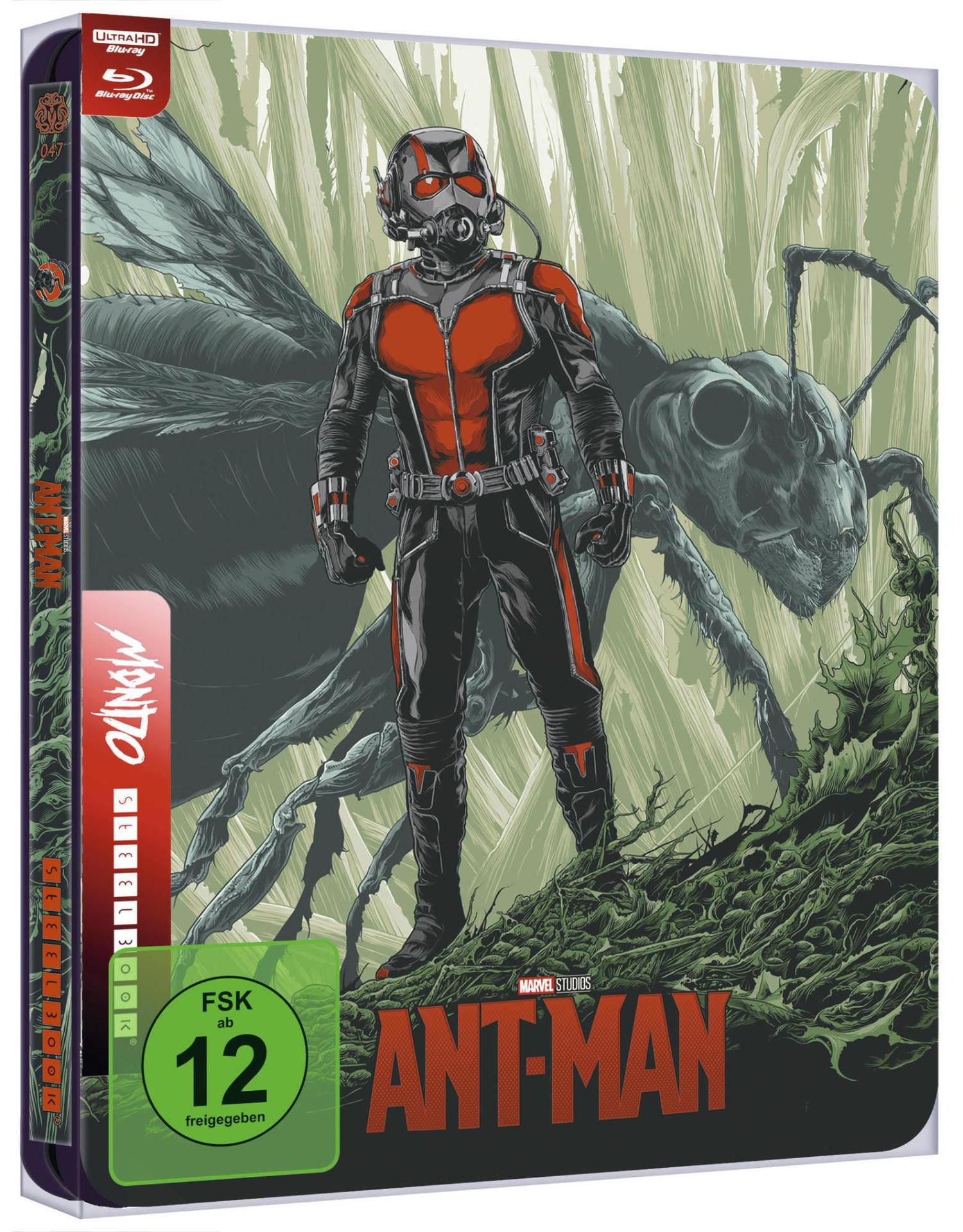 Ant-Man Blu-ray-Cover mit Ant-Man und einer Ameise auf grünem Hintergrund.