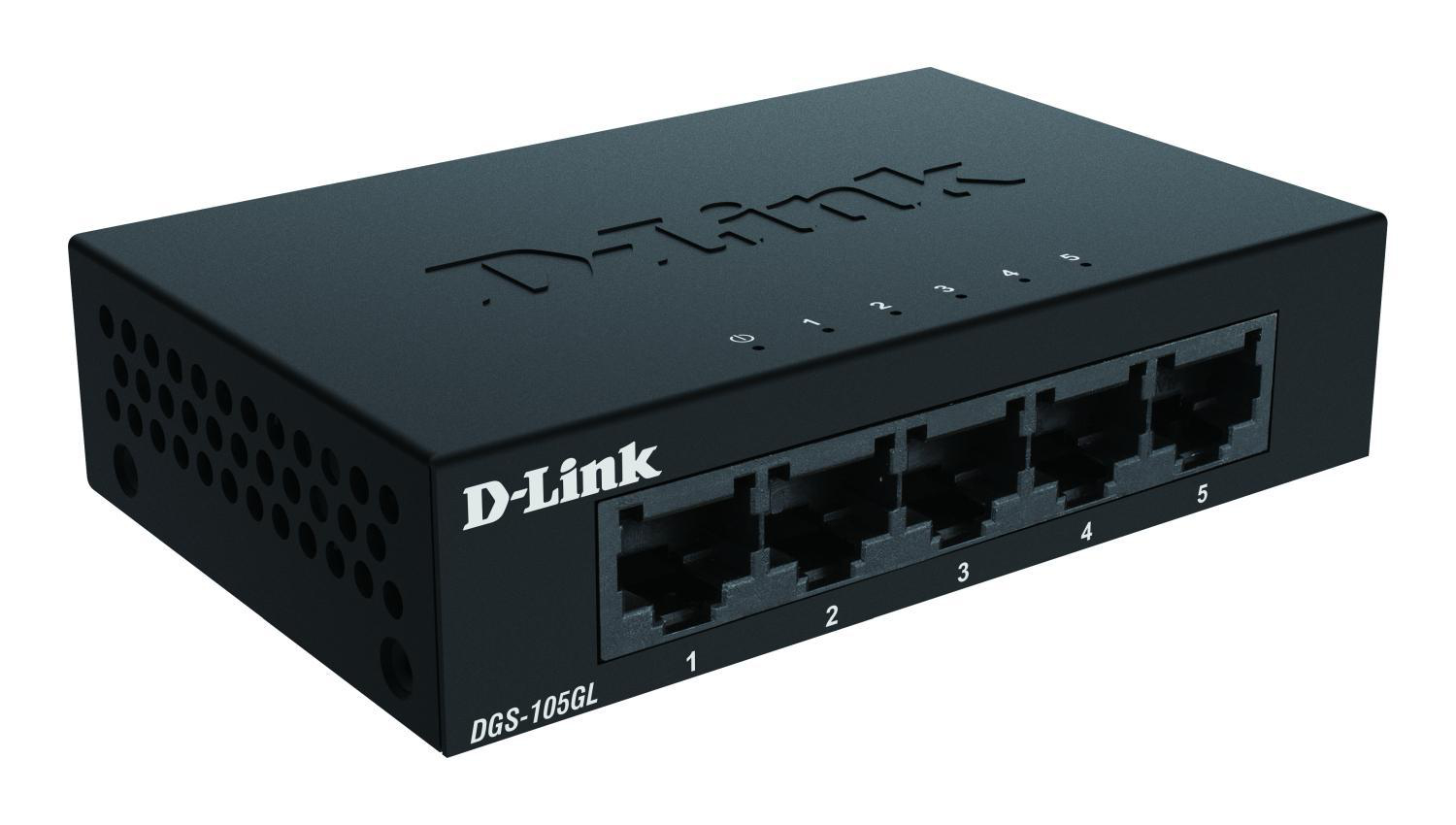 Schwarzer D-Link-Switch mit Anschlüssen 1-5, eine Strom- und Verbindungsanzeige.